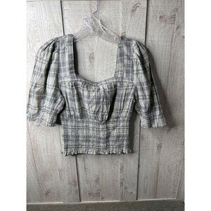 Universal Threads Womens Gray Plaid Smocked Crop Blouse Square Neck Size S